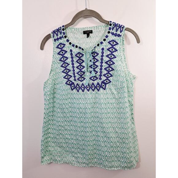 Talbots Blouse Teal Small Petite Sleeveless Embroidered Classic 100% Cotton - Picture 1 of 5
